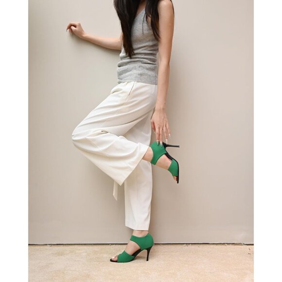 Sicare Peep Toe Heels Short-cuff Faux Leather Women Stretchy Knit Heel Sandal - Picture 5 of 10